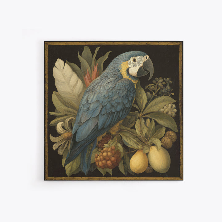Parrot Among Tropical Leaves and Fruit Framed Canvas Print, Bird Art, Forest Wall Art, Living Room Decor, Oil Painting, Flight, BIR-1x1-61
