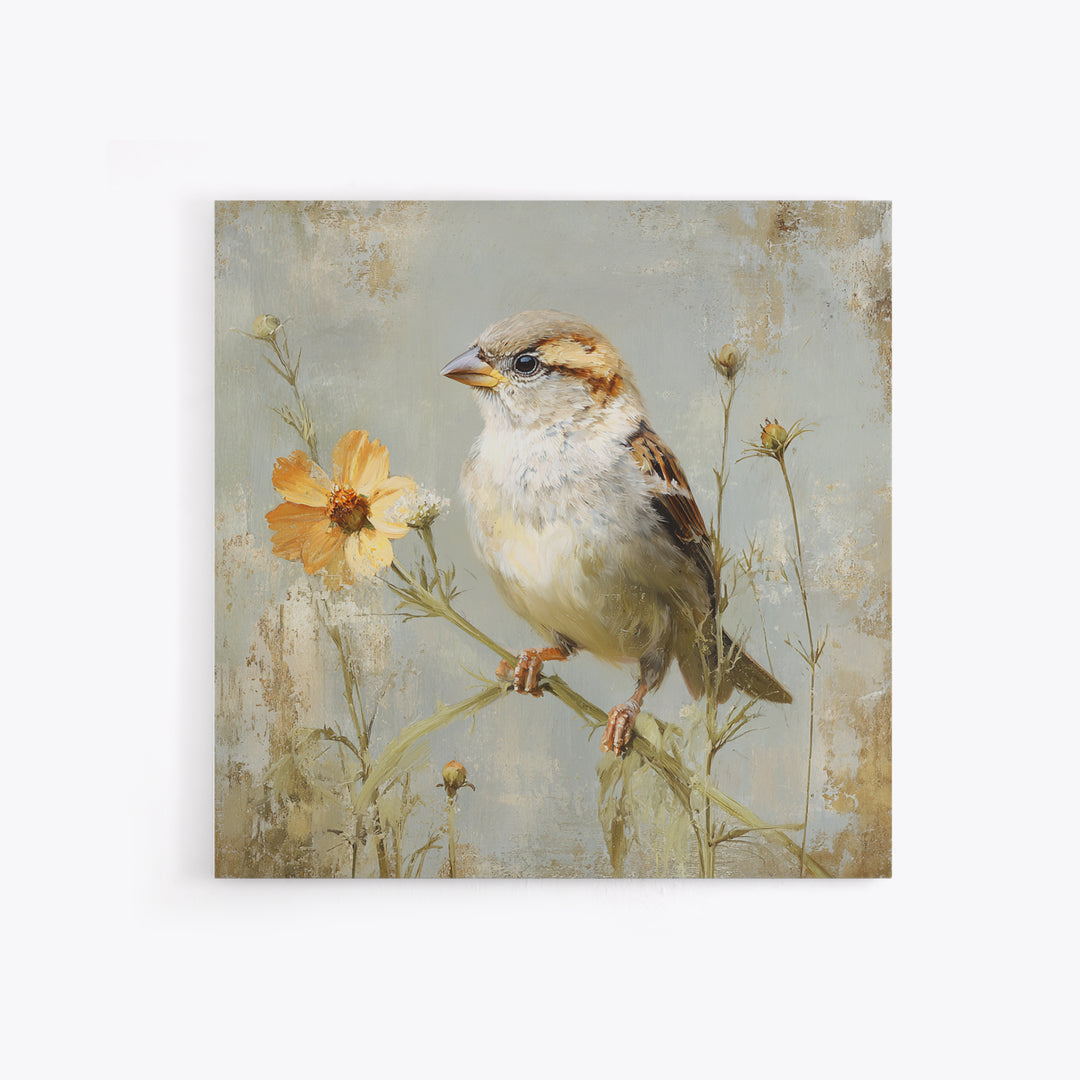 Small Sparrow on Wildflower Stem Framed Canvas Print, Bird Art, Nature Wall Art, Living Room Decor, Fine Art, Flight, BIR-1x1-62