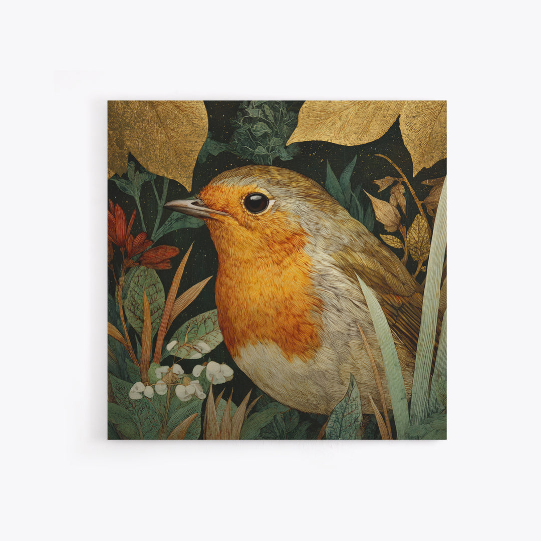 Robin in a Spring Garden with Soft Framed Canvas Print, Bird Art, Forest Wall Art, Living Room Decor, Oil Painting, Flight, BIR-1x1-63