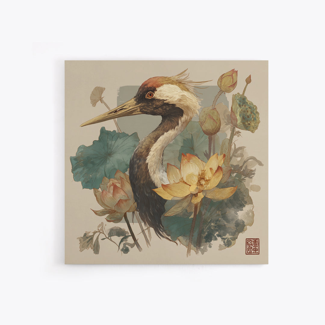 Crane and Lotus Composition Framed Canvas Print, Bird Art, Gallery Decor, Living Room Decor, Fine Art, Flight, Contemporary Art, BIR-1x1-65