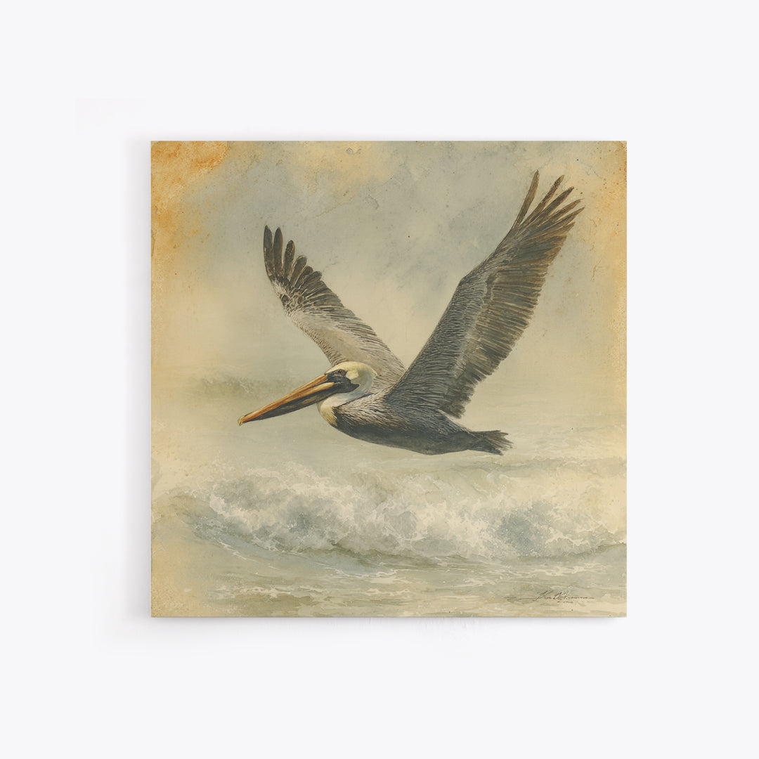 Pelican Flying over Coastal Waves Framed Canvas Print, Bird Art, Digital Download Art, Living Room Decor, Abstract Art, Flight, BIR-1x1-66
