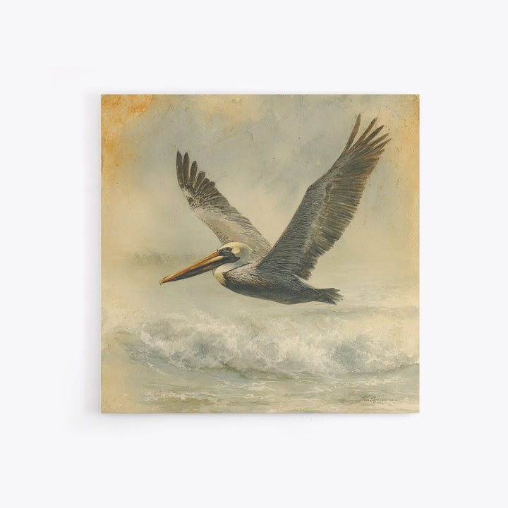 Pelican Flying over Coastal Waves Framed Canvas Print, Bird Art, Digital Download Art, Living Room Decor, Abstract Art, Flight, BIR-1x1-66