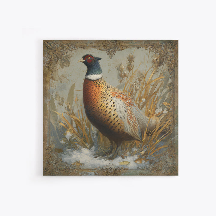 Pheasant with Ornate Feather Details Framed Canvas Print, Bird Art, Gallery Decor, Living Room Decor, Fine Art, Flight, BIR-1x1-67