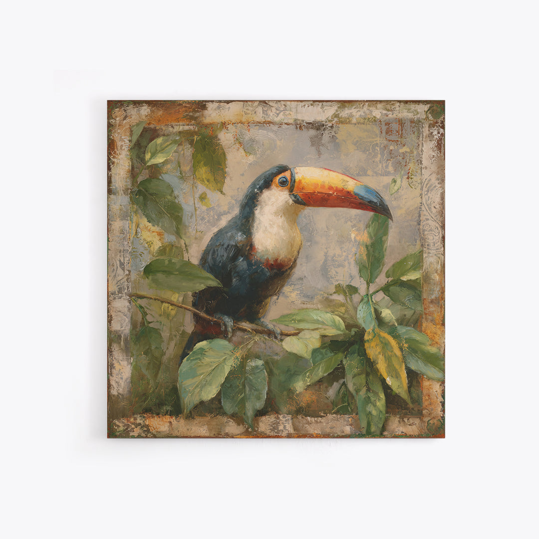 Toucan Framed by Bold Jungle Foliage Framed Canvas Print, Bird Art, Bird Wall Art, Living Room Decor, Fine Art, Flight, BIR-1x1-71