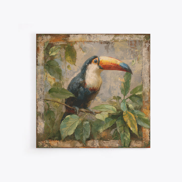 Toucan Framed by Bold Jungle Foliage Framed Canvas Print, Bird Art, Bird Wall Art, Living Room Decor, Fine Art, Flight, BIR-1x1-71