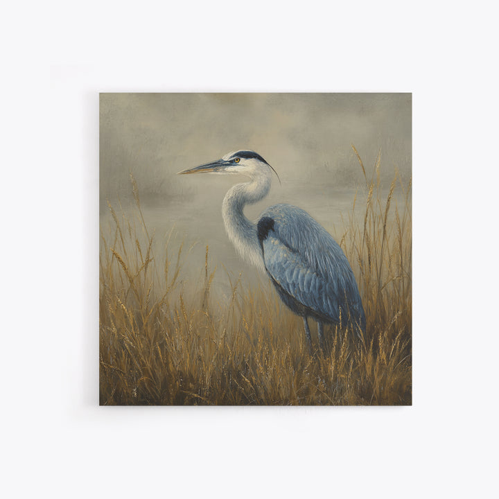 Blue Heron in Misty Marsh Grass Framed Canvas Print, Bird Art, Forest Wall Art, Living Room Decor, Flight, Minimalist Decor, BIR-1x1-74