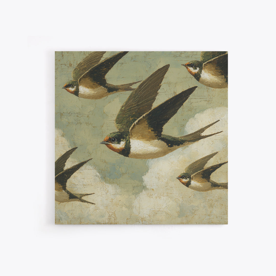 Flock of Swallows Sweeping Across Open Sky Framed Canvas Print, Bird Art, Gallery Decor, Living Room Decor, Fine Art, Flight, BIR-1x1-78