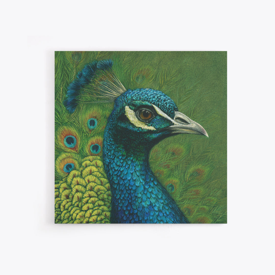 Peacock with Jewel Tone Feather Pattern Framed Canvas Print, Bird Art, Fine Art Print, Living Room Decor, Oil Painting, Flight, BIR-1x1-79