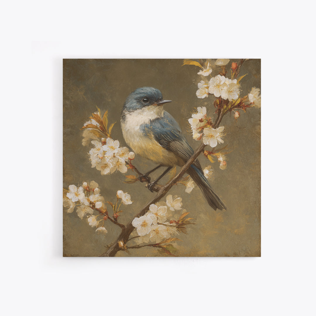 Songbird Perched on Cherry Blossoms Framed Canvas Print, Bird Art, Modern Decor, Living Room Decor, Fine Art, Flight, BIR-1x1-80