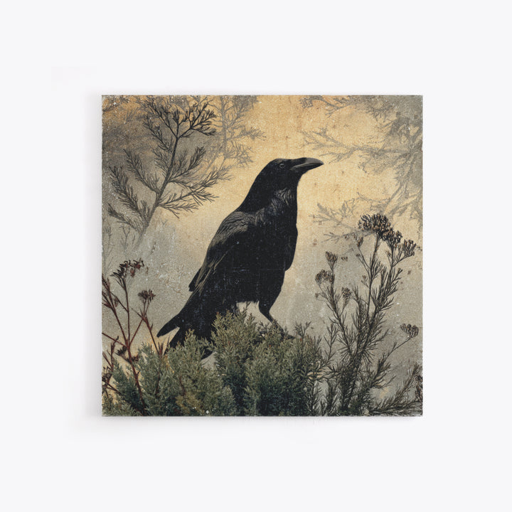 Raven Silhouette with Gothic Atmosphere Canvas Print, Bird Art, Textured Painting, Living Room Decor, Fine Art, Flight, BIR-1x1-81