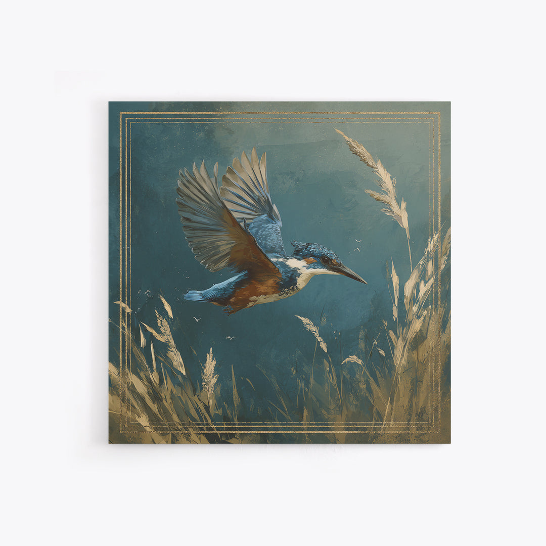 Kingfisher Diving Toward Blue Water Framed Canvas Print, Bird Art, Statement Artwork, Living Room Decor, Fine Art, Flight, BIR-1x1-83