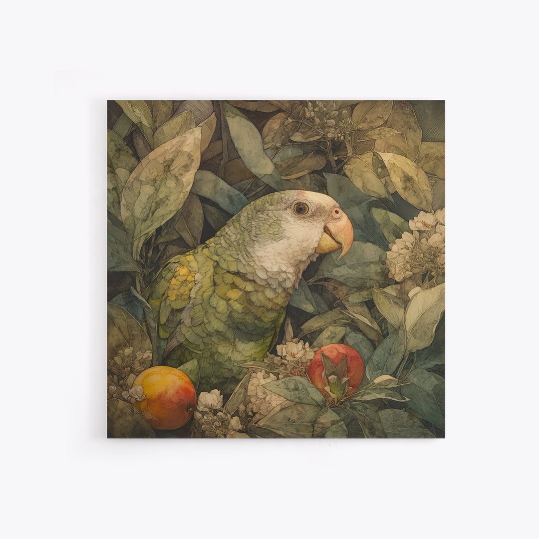 Parrot Among Tropical Leaves and Fruit Canvas Print, Bird Art, Boho Decor, Living Room Decor, Fine Art, Flight, BIR-1x1-85