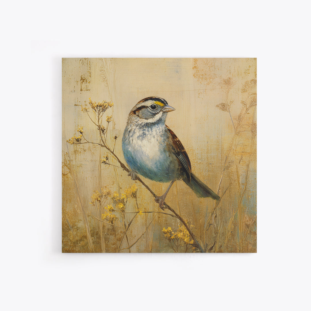 Small Sparrow on Wildflower Stem Canvas Print, Bird Art, Modern Decor, Living Room Decor, Oil Painting, Flight, Home Decor, BIR-1x1-86