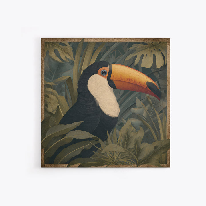 Toucan Framed by Bold Jungle Foliage Canvas Print, Bird Art, Neutral Decor, Living Room Decor, Fine Art, Flight, Wall Art, BIR-1x1-95