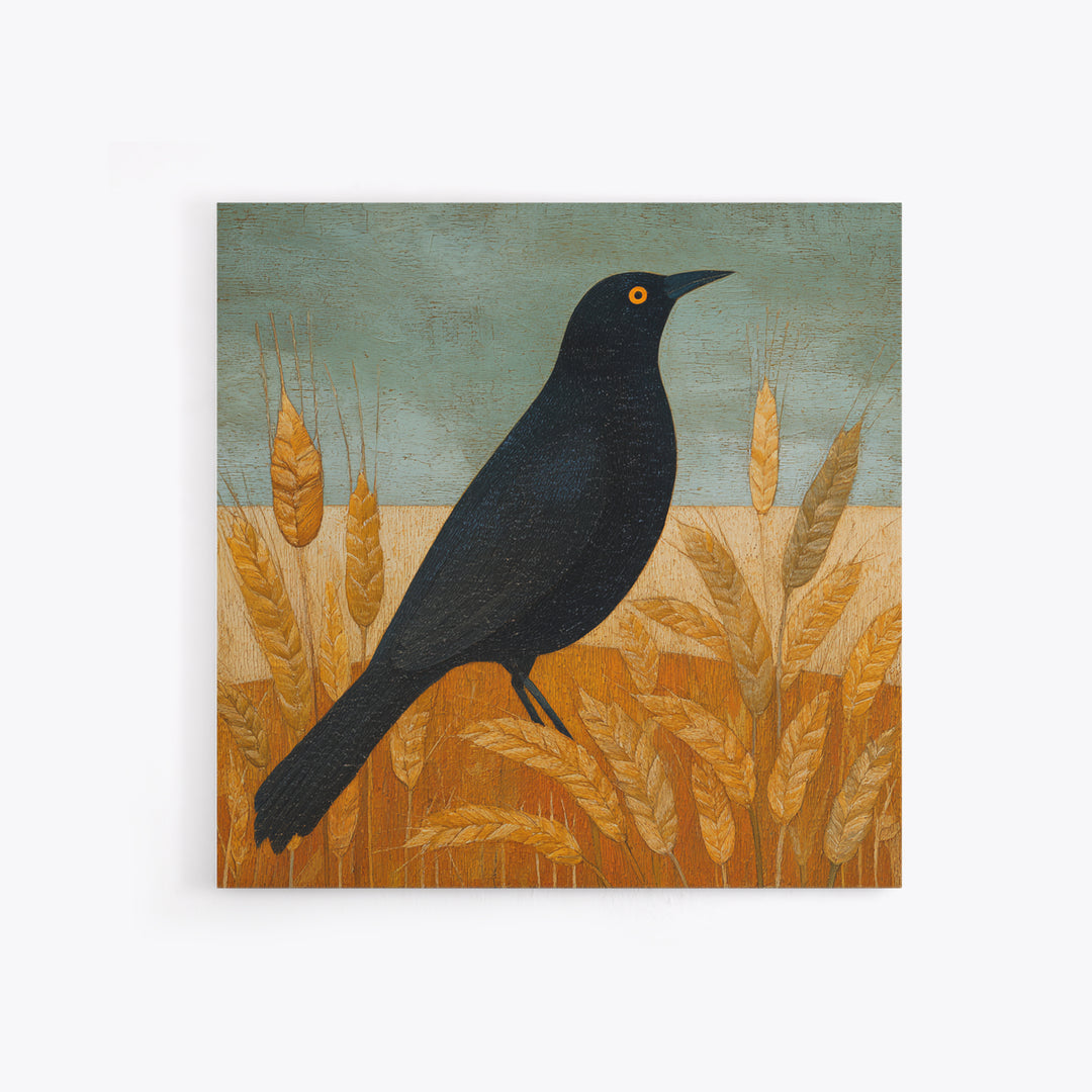 Blackbird on Gold Wheat Field Framed Canvas Print, Bird Art, Printable Wall Art, Living Room Decor, Fine Art, Flight, BIR-1x1-96