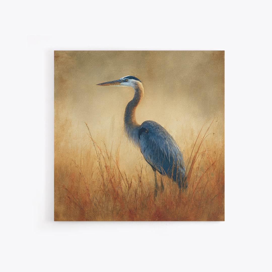 Blue Heron in Misty Marsh Grass Canvas Print, Bird Art, Boho Decor, Living Room Decor, Fine Art, Flight, Printable Wall Art, BIR-1x1-98