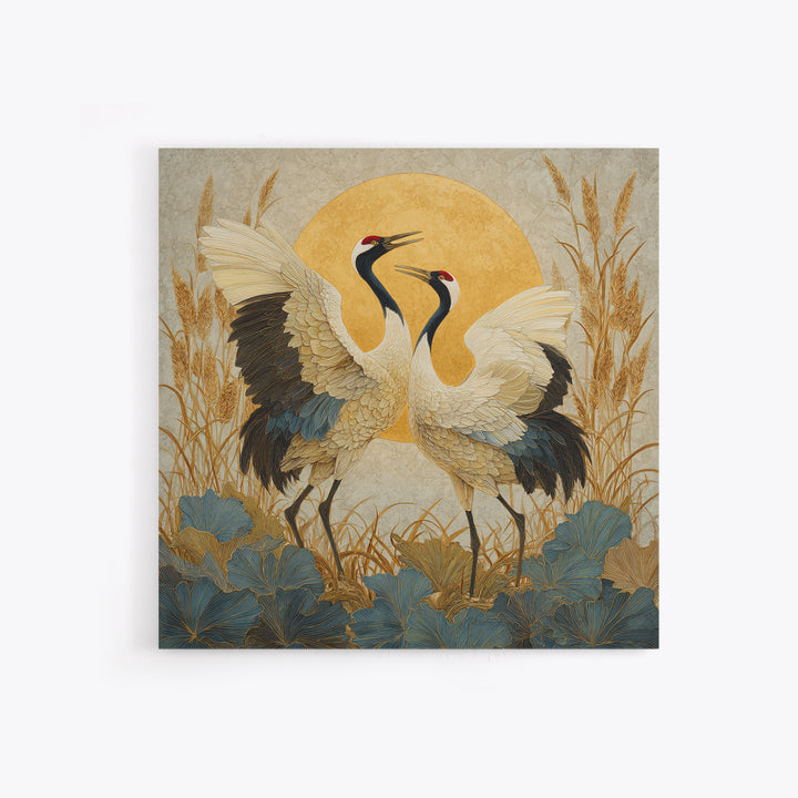 Pair of Cranes Dancing Canvas Print, Bird Art, Wall Art, Living Room Decor, Flight, Japanese Wall Art, Modern Wall Art, BIR-1x1-99