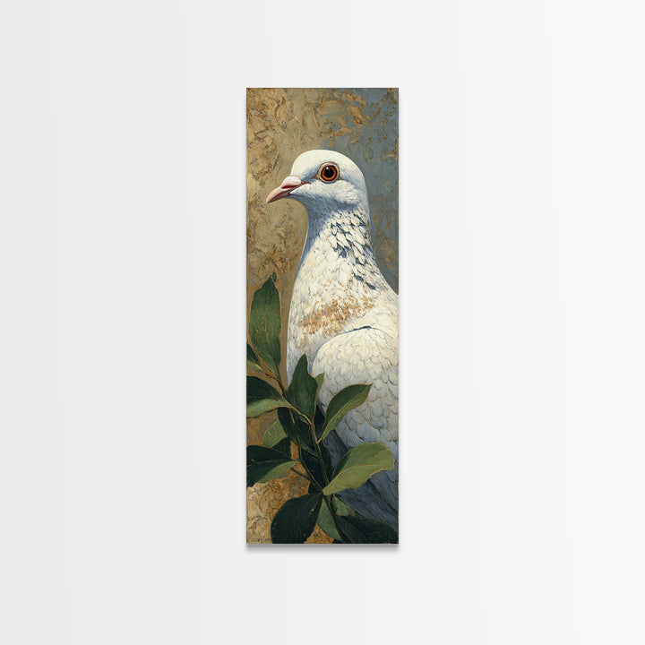 White Dove with Olive Branch and Calm Canvas Print, Bird Art, Gallery Wall, Living Room Decor, Oil Painting, Flight, BIR-1x3-100