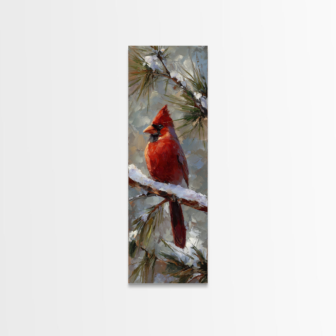 Red Cardinal on Snowy Pine Branch Canvas Print, Bird Art, Statement Artwork, Living Room Decor, Oil Painting, Flight, BIR-1x3-13