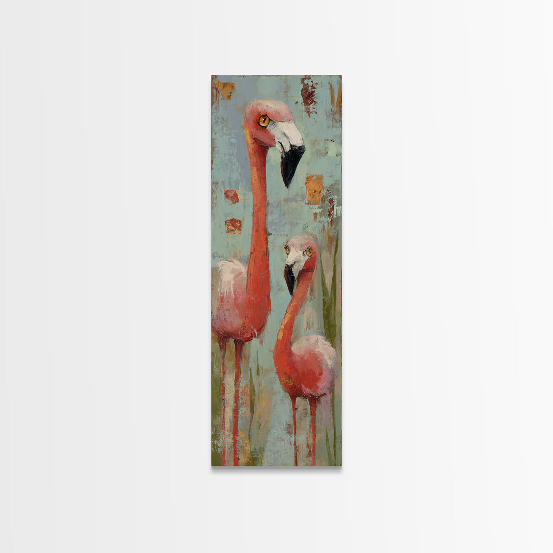 Flamingo Pair in Coral Water Reflections Canvas Print, Bird Art, Digital Download Art, Living Room Decor, Fine Art, Flight, BIR-1x3-22