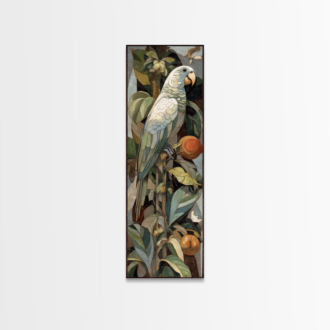 Parrot Among Tropical Leaves and Fruit Canvas Print, Bird Art, Digital Prints, Living Room Decor, Fine Art, Flight, Modern Art, BIR-1x3-25
