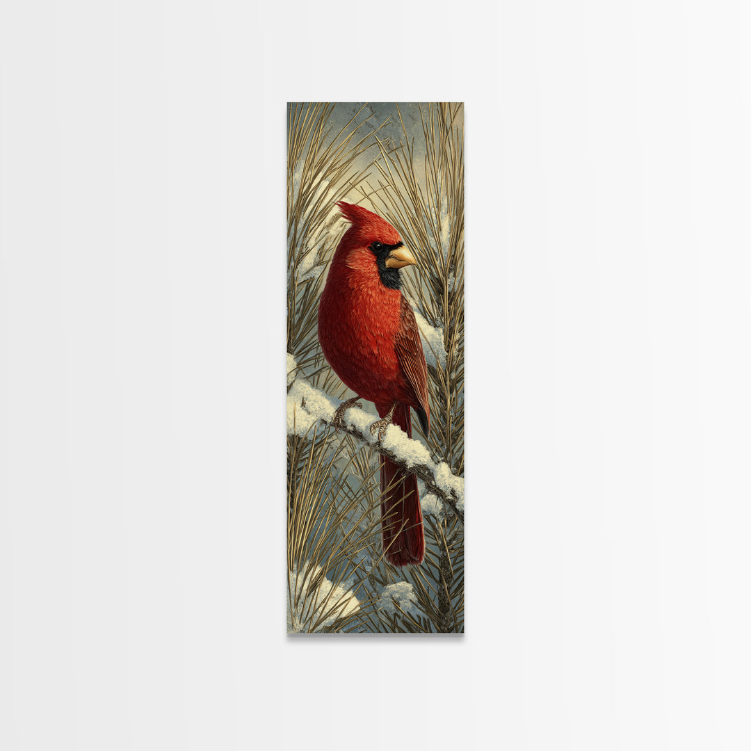 Red Cardinal on Snowy Pine Branch Canvas Print, Bird Art, Statement Artwork, Living Room Decor, Oil Painting, Flight, BIR-1x3-37
