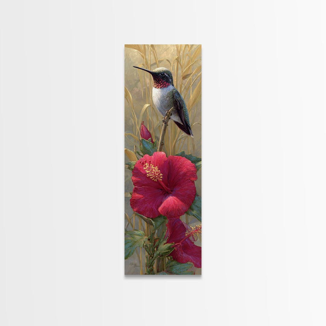 Hummingbird Hovering Beside Bright Hibiscus Canvas Print, Bird Art, Printable Wall Art, Living Room Decor, Fine Art, Flight, BIR-1x3-40