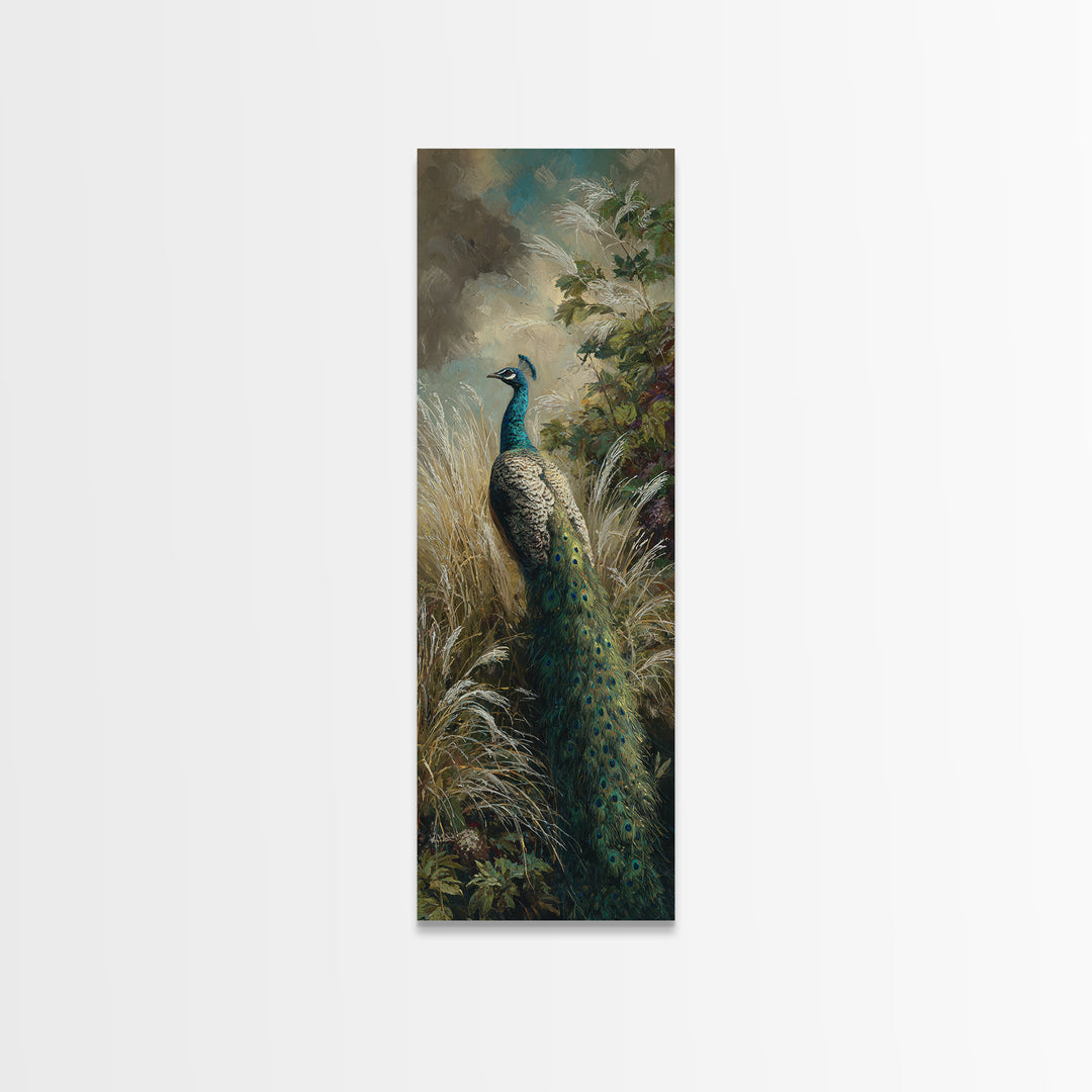 Peacock with Jewel Tone Feather Pattern Canvas Print, Bird Art, Digital Print, Living Room Decor, Fine Art, Flight, Bird Prints, BIR-1x3-43