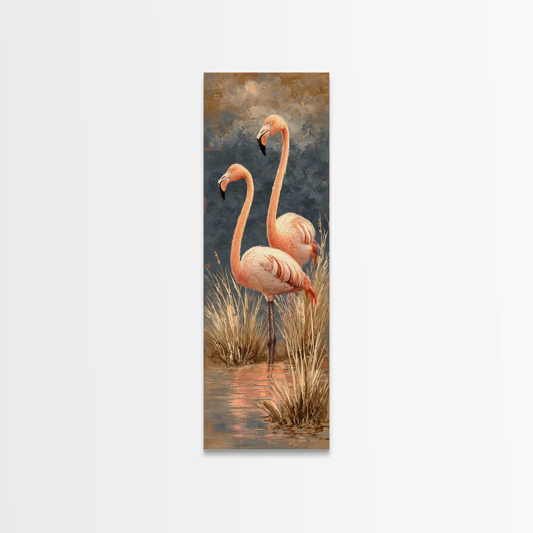 Flamingo Pair in Coral Water Reflections Framed Canvas Print, Bird Art, Rustic Home Decor, Living Room Decor, Fine Art, Flight, BIR-1x3-46