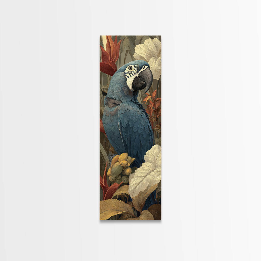 Parrot Among Tropical Leaves and Fruit Canvas Print, Bird Art, Bird Wall Art, Living Room Decor, Fine Art, Flight, Art Print, BIR-1x3-49