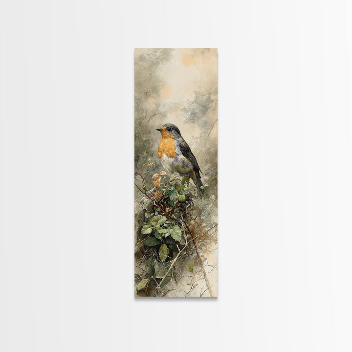 Robin in a Spring Garden with Soft Canvas Print, Bird Art, Living Room Decor, Fine Art, Flight, Rustic Home Decor, Floral Art, BIR-1x3-51