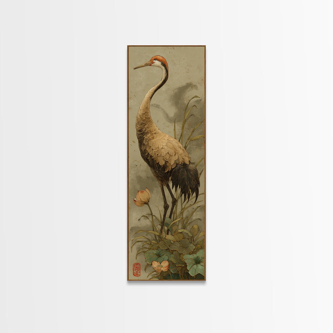Crane and Lotus Composition Framed Canvas Print, Bird Art, Modern Decor, Living Room Decor, Fine Art, Flight, Home Decor, BIR-1x3-53