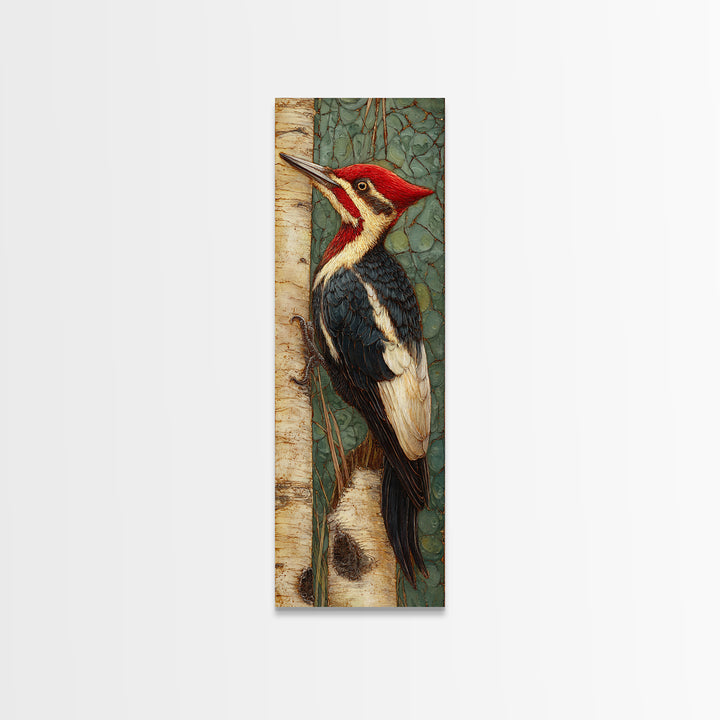 Woodpecker on Birch Bark Texture Canvas Print, Bird Art, Fine Art Print, Living Room Decor, Abstract Art, Flight, Wall Decor, BIR-1x3-57