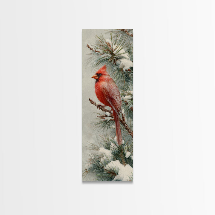 Red Cardinal on Snowy Pine Branch Framed Canvas Print, Bird Art, Textured Painting, Living Room Decor, Watercolor Art, Flight, BIR-1x3-61