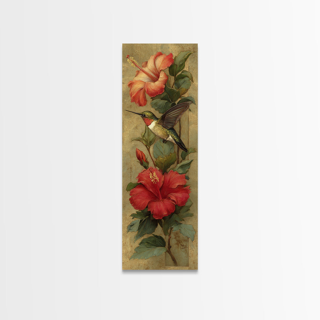Hummingbird Hovering Beside Bright Hibiscus Framed Canvas Print, Bird Art, Farmhouse Decor, Living Room Decor, Fine Art, Flight, BIR-1x3-64