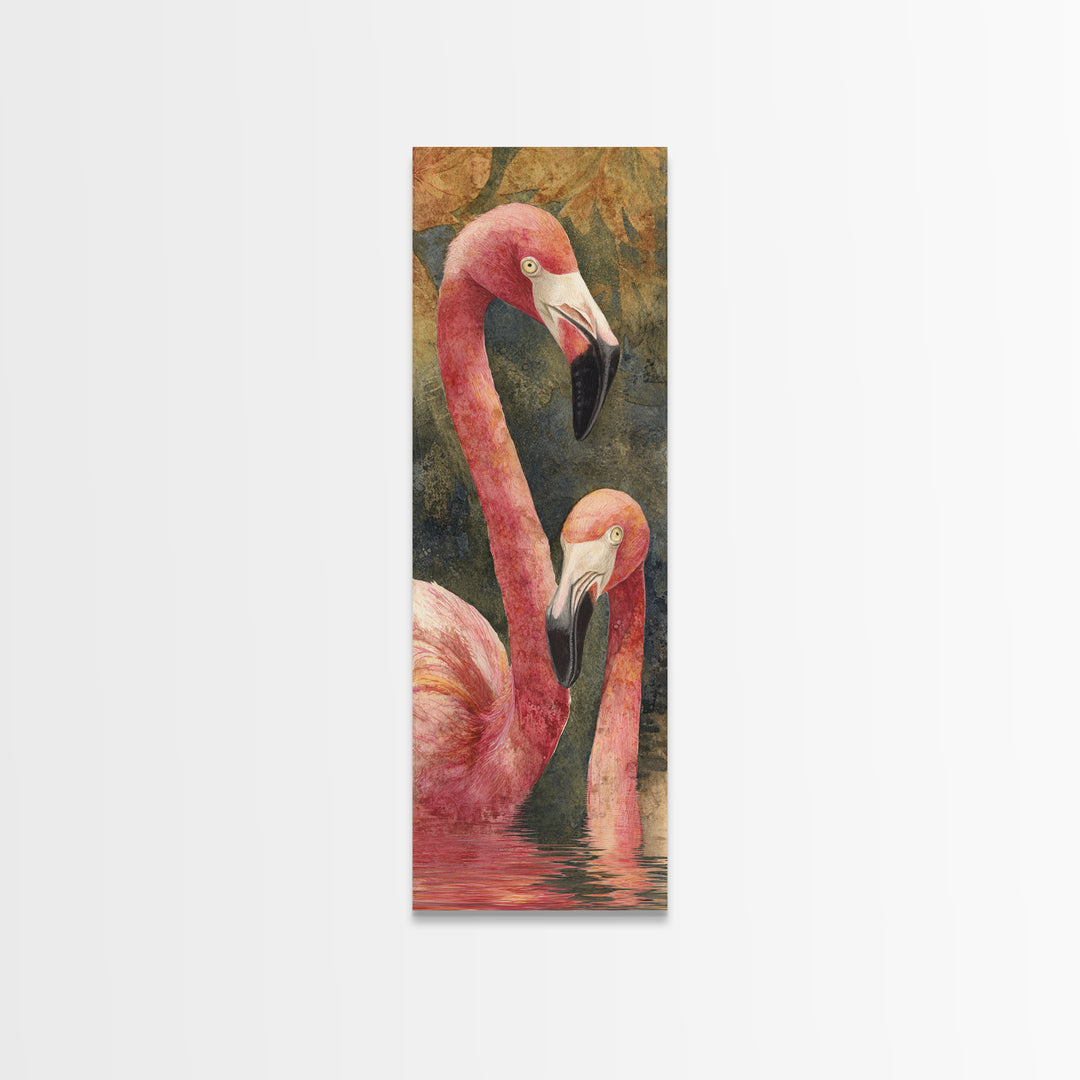 Flamingo Pair in Coral Water Reflections Framed Canvas Print, Bird Art, Rustic Home Decor, Living Room Decor, Fine Art, Flight, BIR-1x3-70