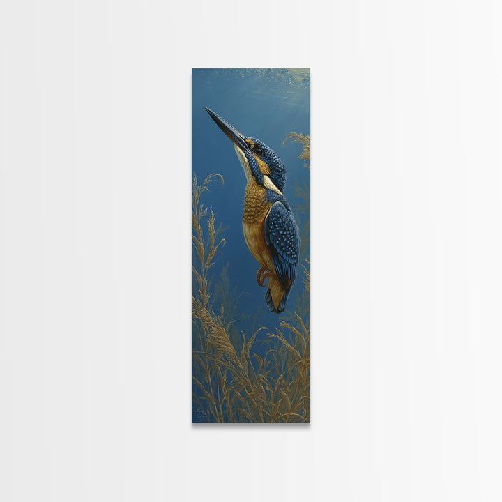 Kingfisher Diving Toward Blue Water Framed Canvas Print, Bird Art, Bird Prints, Living Room Decor, Flight, Modern Decor, BIR-1x3-71