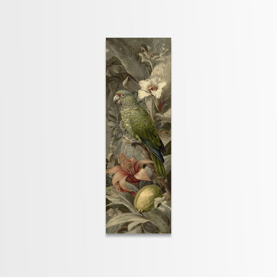 Parrot Among Tropical Leaves and Fruit Canvas Print, Bird Art, Mid Century Modern, Living Room Decor, Fine Art, Flight, BIR-1x3-73