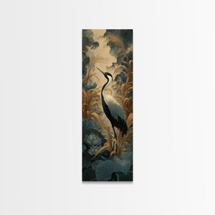 Crane and Lotus Composition Canvas Print, Bird Art, Art Print, Living Room Decor, Fine Art, Flight, Original Art, Digital Print, BIR-1x3-77