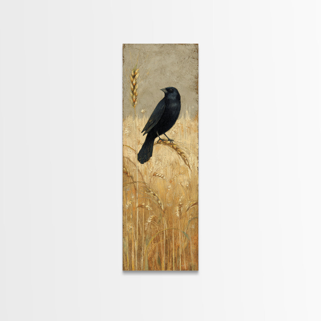 Blackbird on Gold Wheat Field Framed Canvas Print, Bird Art, Printable Art, Living Room Decor, Flight, Mid Century Wall Art, BIR-1x3-84