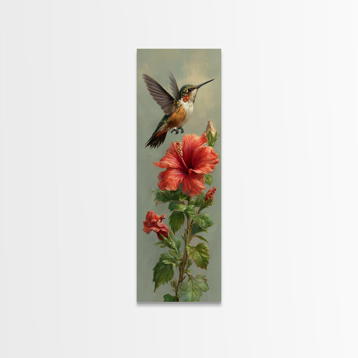 Hummingbird Hovering Beside Bright Hibiscus Canvas Print, Bird Art, Living Room Decor, Fine Art, Flight, Rustic Home Decor, BIR-1x3-88