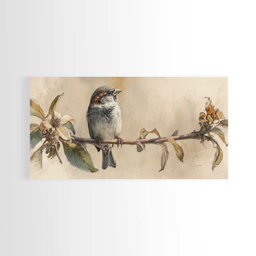 Small Sparrow on Wildflower Stem Framed Canvas Print, Bird Art, Art Print, Living Room Decor, Watercolor Art, Flight, BIR-2x1-10