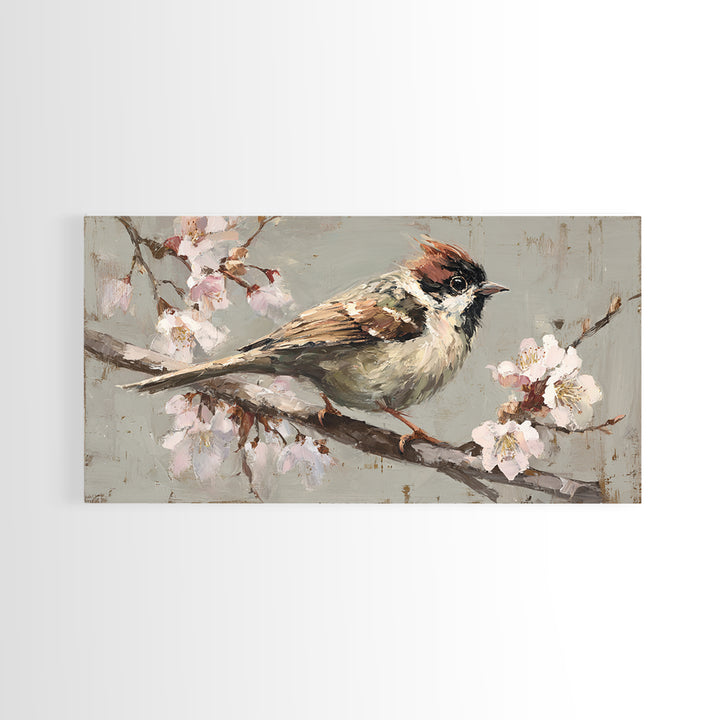 Songbird Perched on Cherry Blossoms Framed Canvas Print, Bird Art, Mid Century Wall Art, Living Room Decor, Fine Art, Flight, BIR-2x1-100