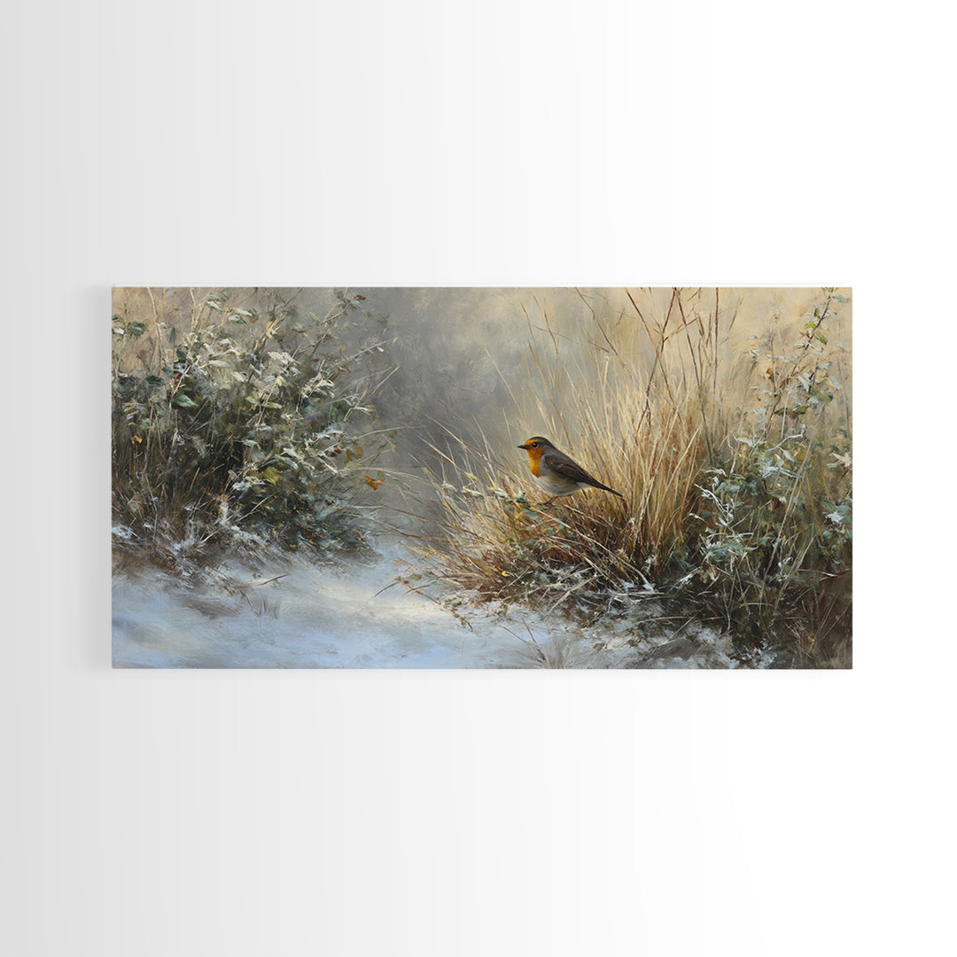 Robin in a Spring Garden with Soft Framed Canvas Print, Bird Art, Gallery Wall, Living Room Decor, Flight, Gallery Decor, BIR-2x1-11