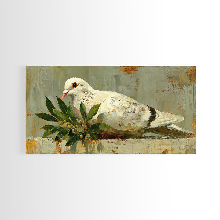 White Dove with Olive Branch and Calm Framed Canvas Print, Bird Art, Art Print, Living Room Decor, Watercolor Art, Flight, BIR-2x1-12