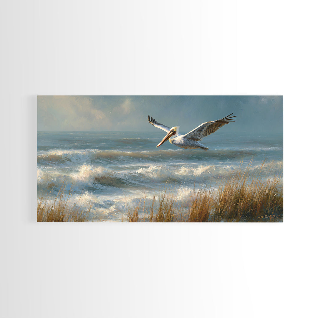 Pelican Flying over Coastal Waves Framed Canvas Print, Bird Art, Fine Art Print, Living Room Decor, Watercolor Art, Flight, BIR-2x1-14