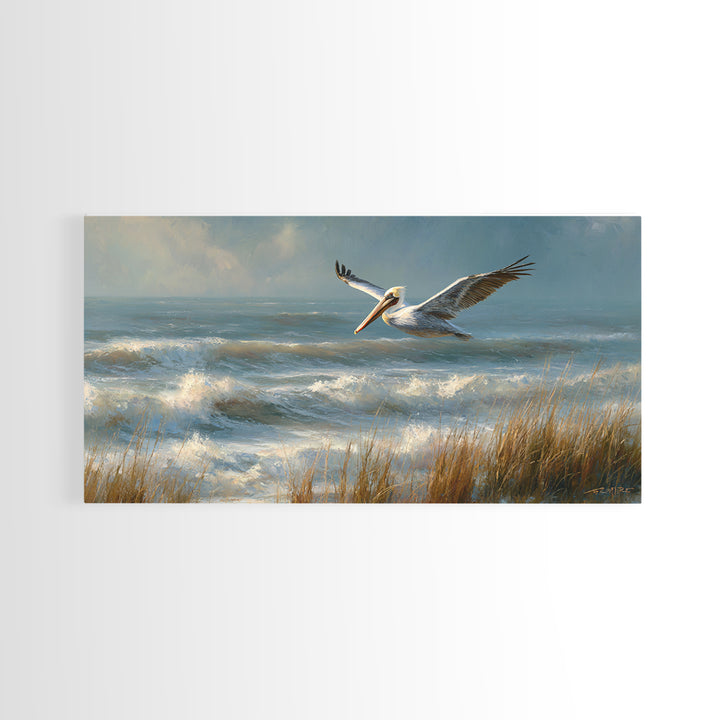 Pelican Flying over Coastal Waves Framed Canvas Print, Bird Art, Fine Art Print, Living Room Decor, Watercolor Art, Flight, BIR-2x1-14