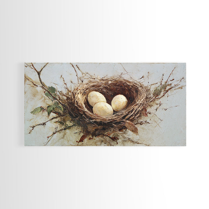 Bird Nest with Eggs and Delicate Twigs Framed Canvas Print, Bird Art, Statement Artwork, Living Room Decor, Fine Art, Flight, BIR-2x1-18