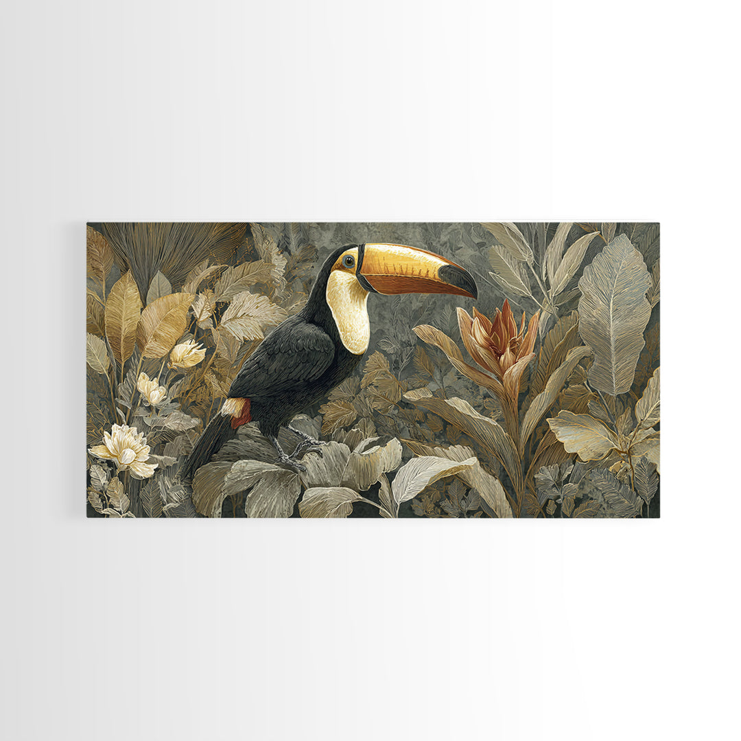 Toucan Framed by Bold Jungle Foliage Framed Canvas Print, Bird Art, Bird Wall Art, Living Room Decor, Fine Art, Flight, BIR-2x1-19