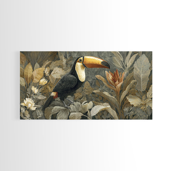 Toucan Framed by Bold Jungle Foliage Framed Canvas Print, Bird Art, Bird Wall Art, Living Room Decor, Fine Art, Flight, BIR-2x1-19